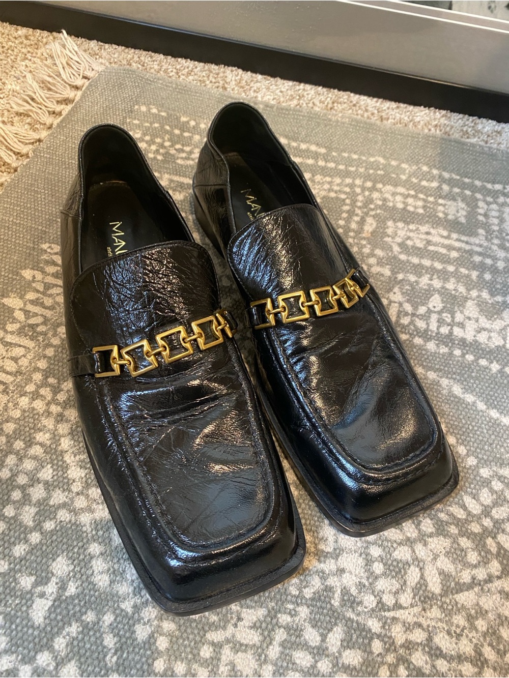 Manu Atelier Black Leather Gold Chain-Trim Slip-On Loafers Size 41 EU